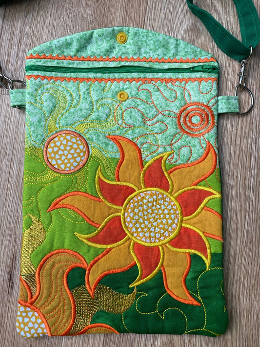 Handmade Embroidered Green Sun Crossbody Bag