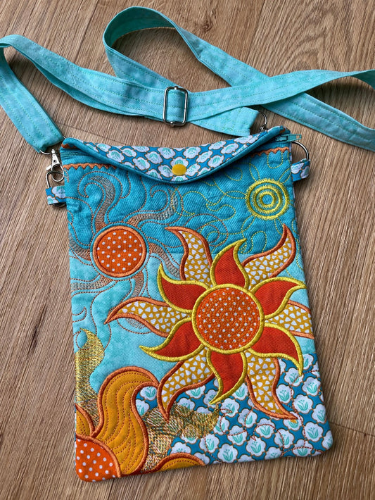 Handmade Embroidered Golden Sun Crossbody Bag